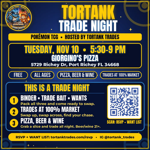 Tortank Trade Night flyer: Tue Nov 10, 5:30–9 PM, Giorgino's Pizza, 5729 Richey Dr, Port Richey. Free, all ages.